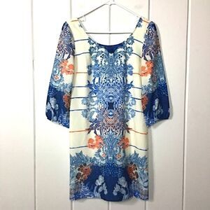 Pink Owl Blue Orange Stripe Floral Shift Dress‎